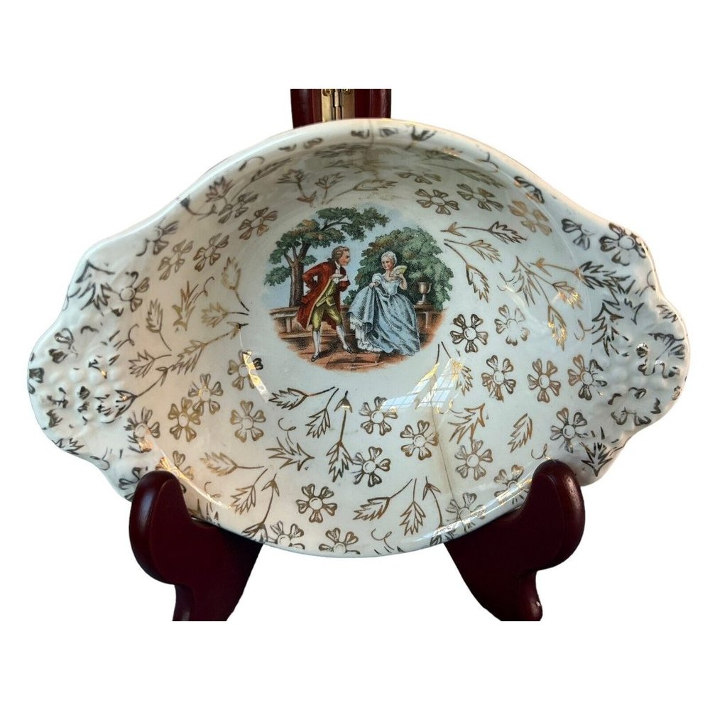 Antique 22 karat lined bowl Atlas China Courting Couple 1940s. Romantic Flowers